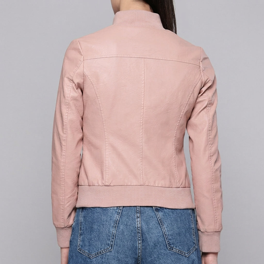 Blush Pink Faux Leather Bomber Jacket - Women's Ribbed Zip-Front Jacket