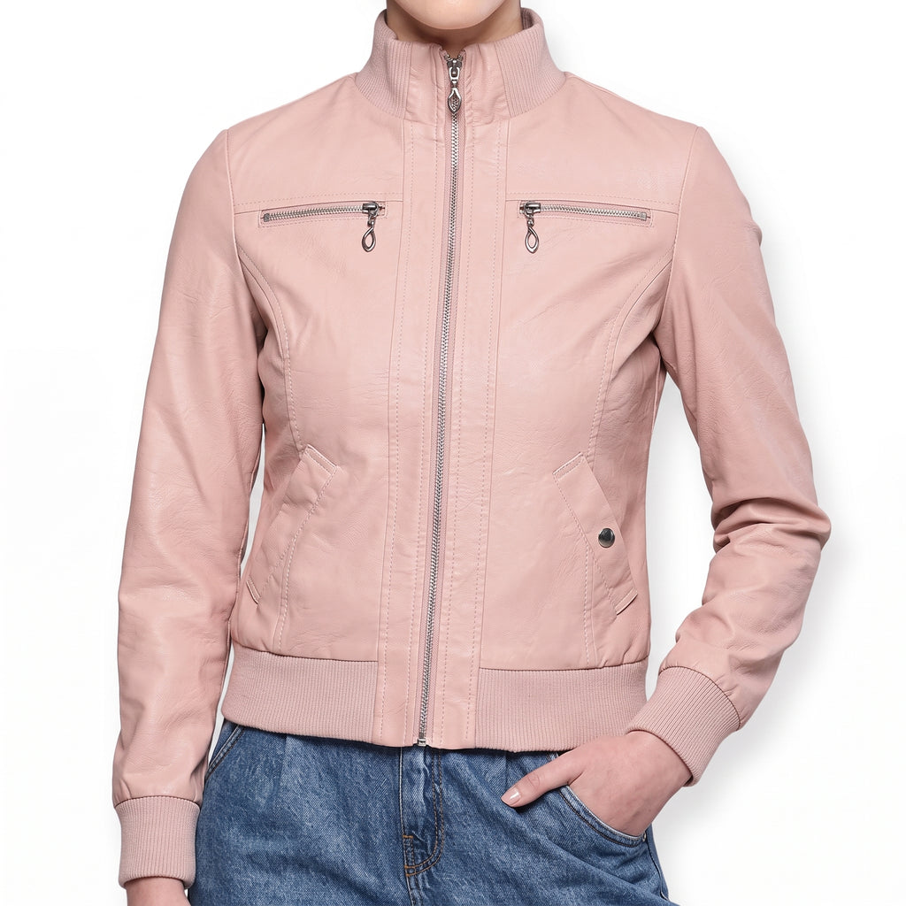 Blush Pink Faux Leather Bomber Jacket - Women's Ribbed Zip-Front Jacket