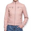 Blush Pink Faux Leather Bomber Jacket - Women's Ribbed Zip-Front Jacket