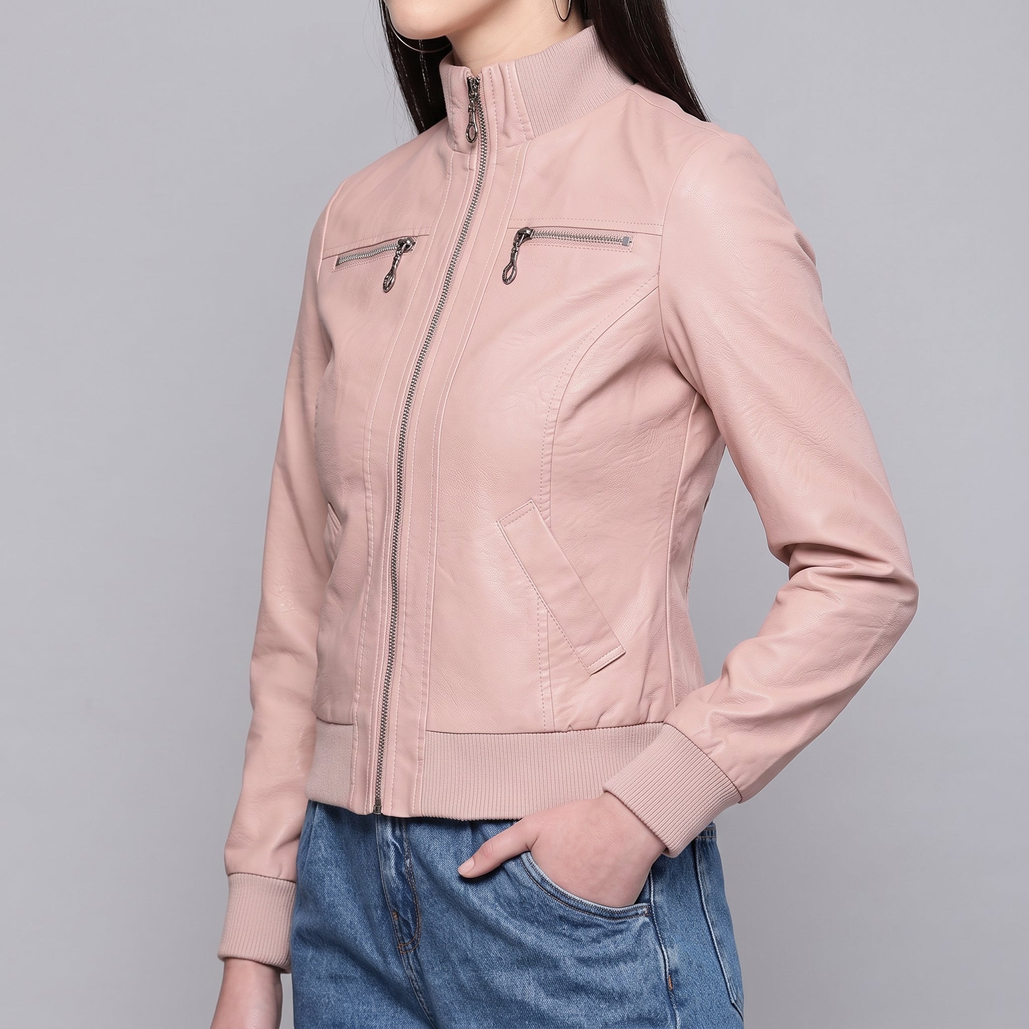 Blush Pink Faux Leather Bomber Jacket - Women's Ribbed Zip-Front Jacket