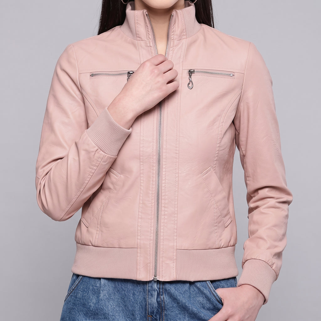 Blush Pink Faux Leather Bomber Jacket - Women's Ribbed Zip-Front Jacket