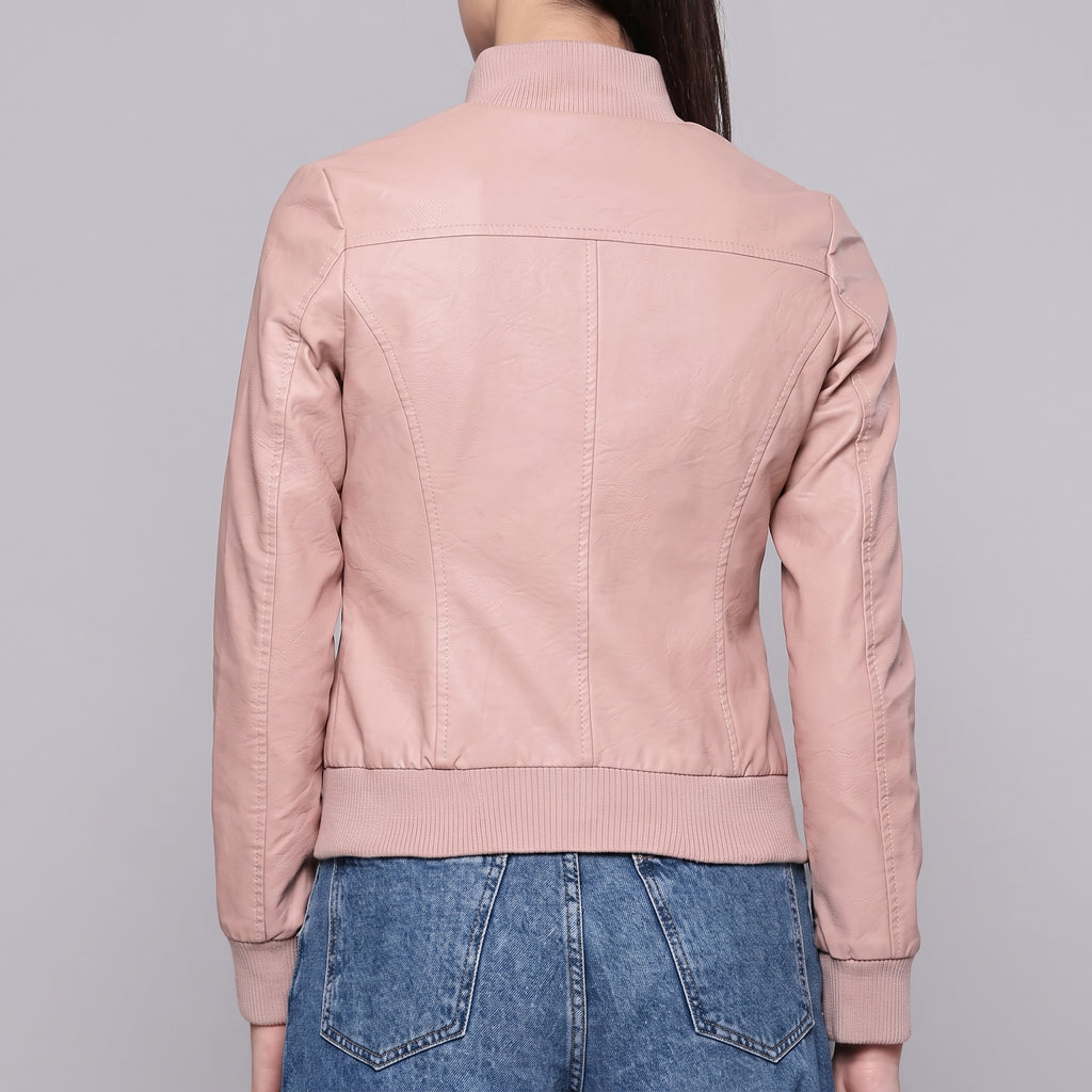 Blush Pink Faux Leather Bomber Jacket - Women's Ribbed Zip-Front Jacket