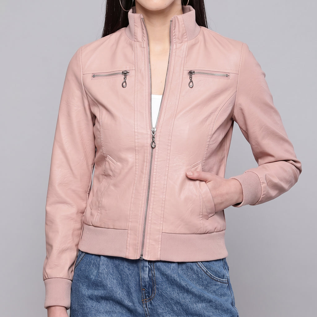 Blush Pink Faux Leather Bomber Jacket - Women's Ribbed Zip-Front Jacket