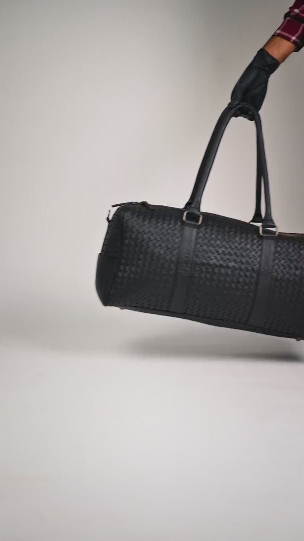 Black Woven Leather Duffel Bag - Hand-Woven Weekender Travel Bag