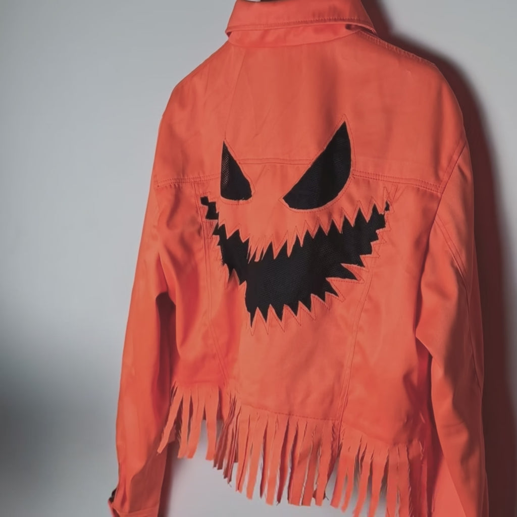 Orange Denim Jack-O'-Lantern Fringe Jacket - Halloween Cropped Trucker Jacket