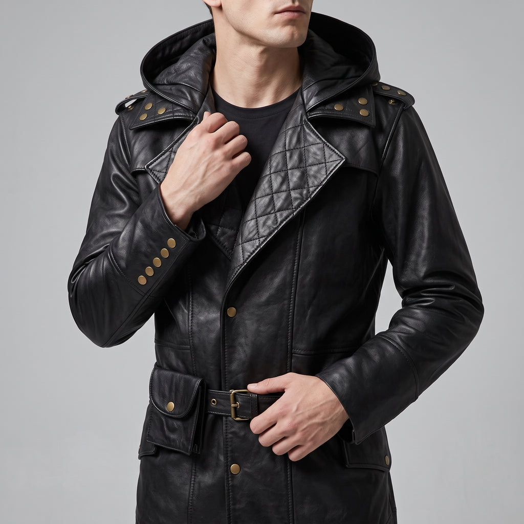 Black Leather Hooded Quilted Trench Coat - Men's Belted Long Coat