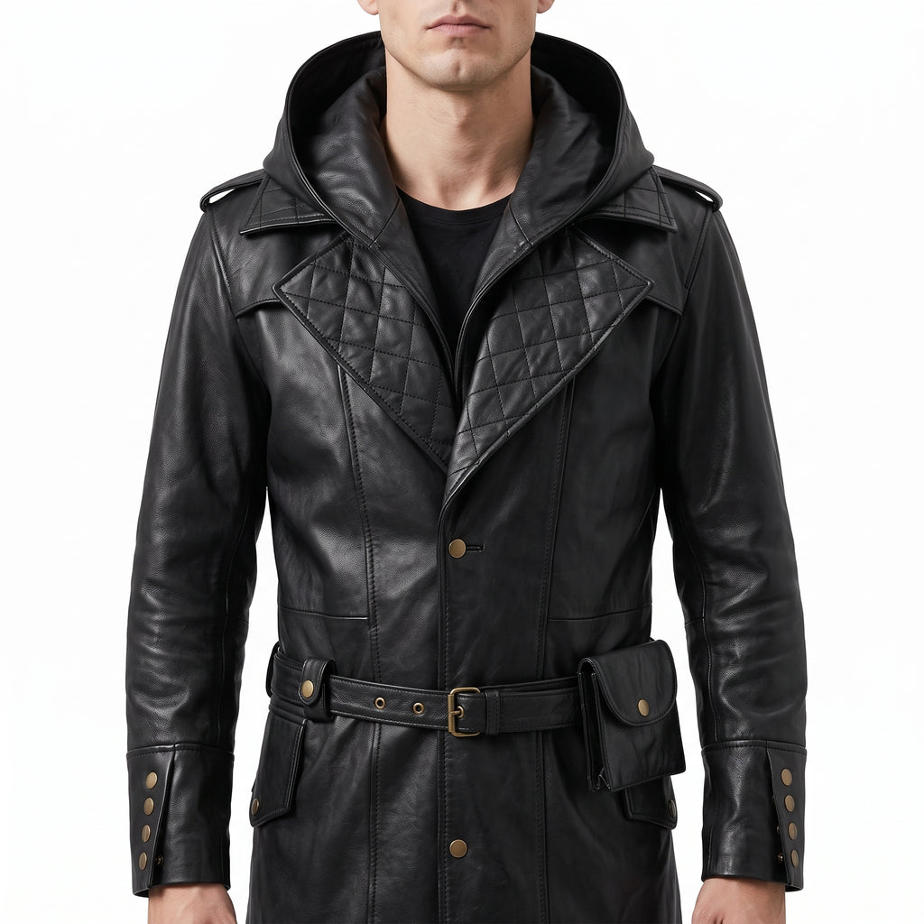 Black Leather Hooded Quilted Trench Coat - Men's Belted Long Coat