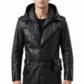Black Leather Hooded Quilted Trench Coat - Men's Belted Long Coat