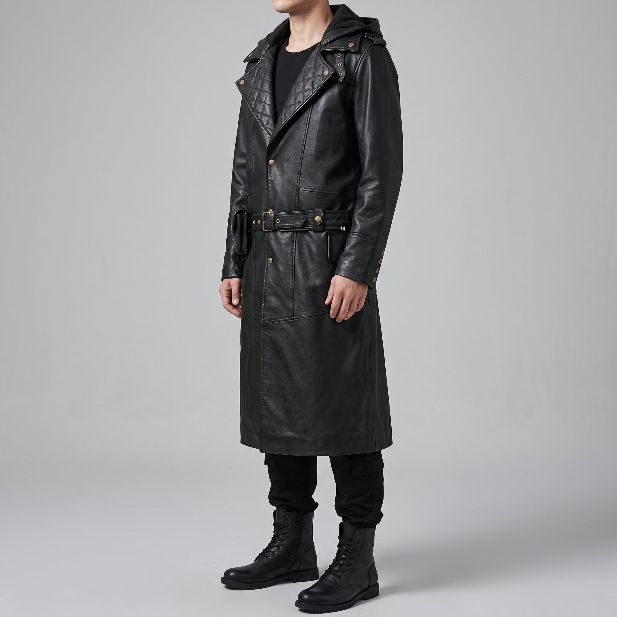 Black Leather Hooded Quilted Trench Coat - Men's Belted Long Coat
