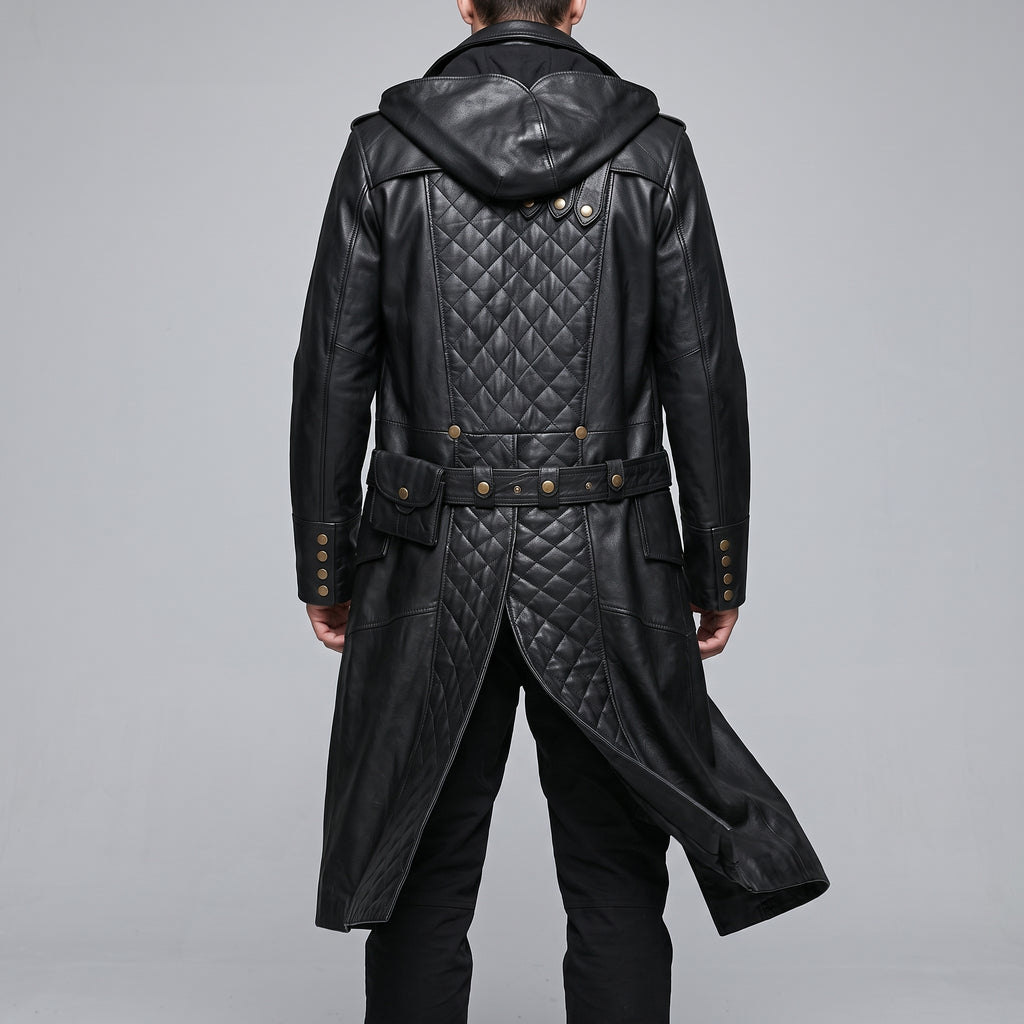 Black Leather Hooded Quilted Trench Coat - Men's Belted Long Coat