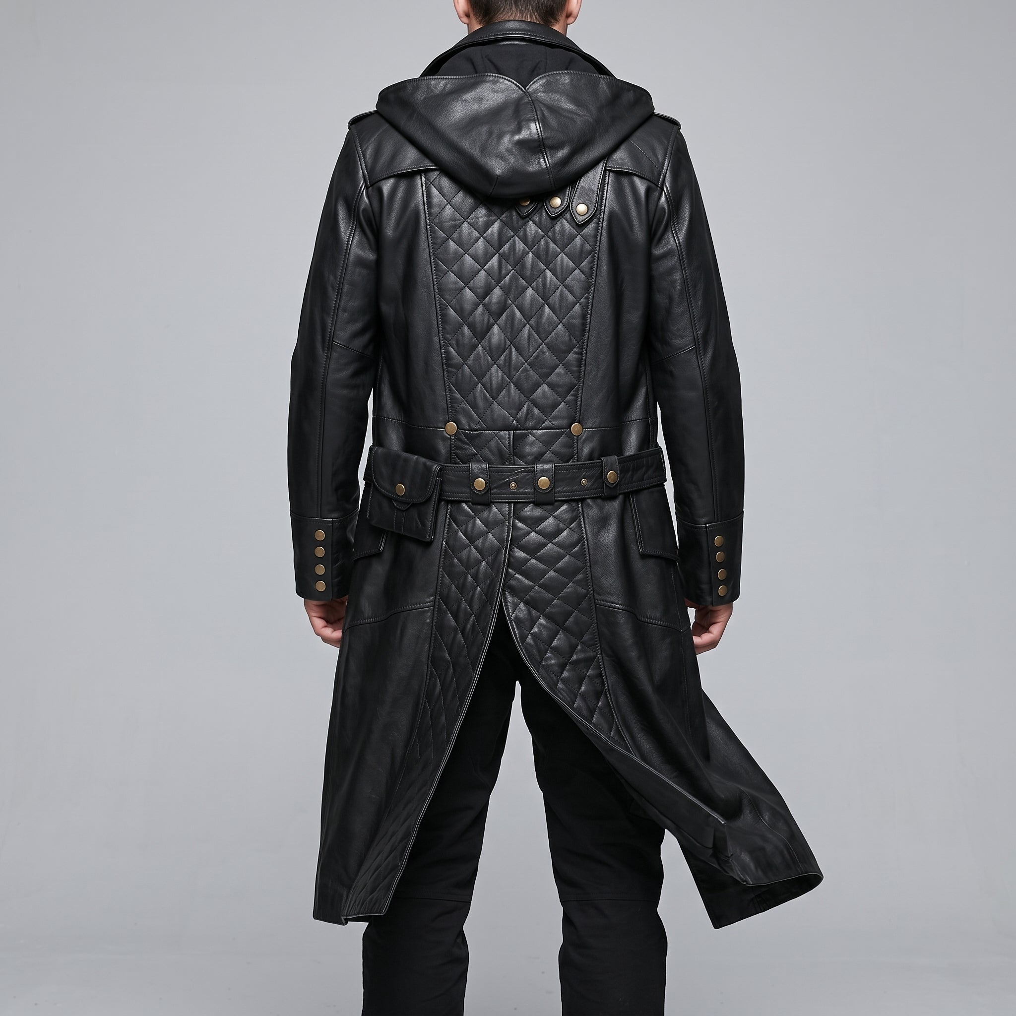 Black Leather Hooded Quilted Trench Coat - Men's Belted Long Coat