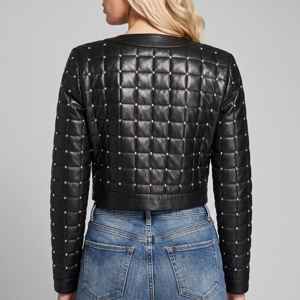 Women's Black Quilted Studded Leather Crop Jacket with Silver Studs