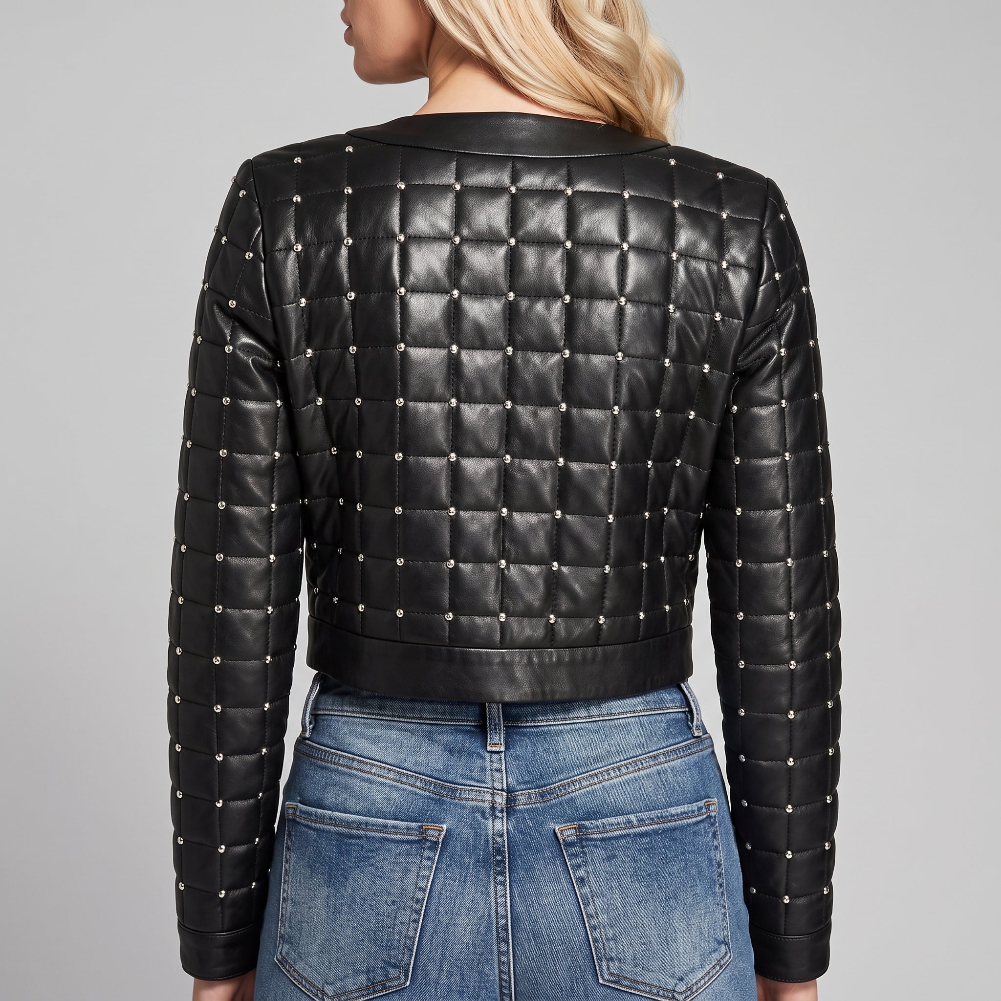 Women's Black Quilted Studded Leather Crop Jacket with Silver Studs