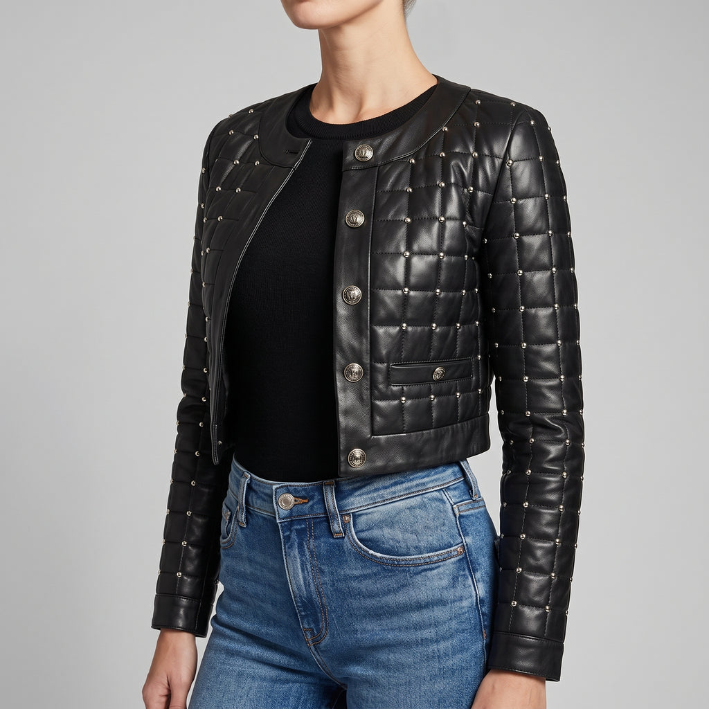 Women's Black Quilted Studded Leather Crop Jacket with Silver Studs