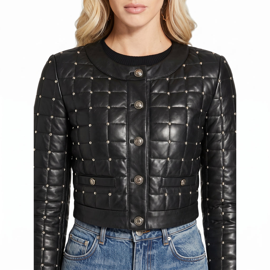 Women's Black Quilted Studded Leather Crop Jacket with Silver Studs