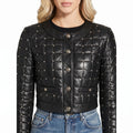 Women's Black Quilted Studded Leather Crop Jacket with Silver Studs