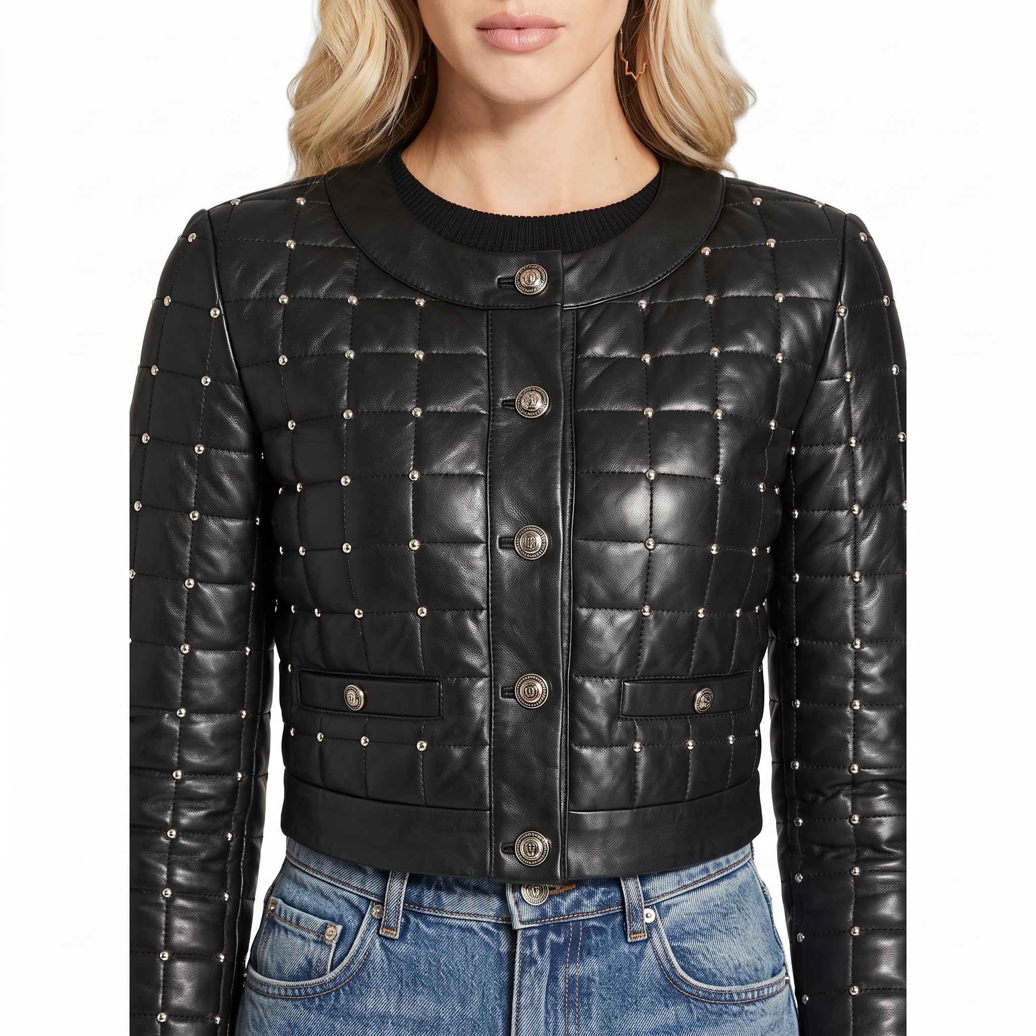 Women's Black Quilted Studded Leather Crop Jacket with Silver Studs