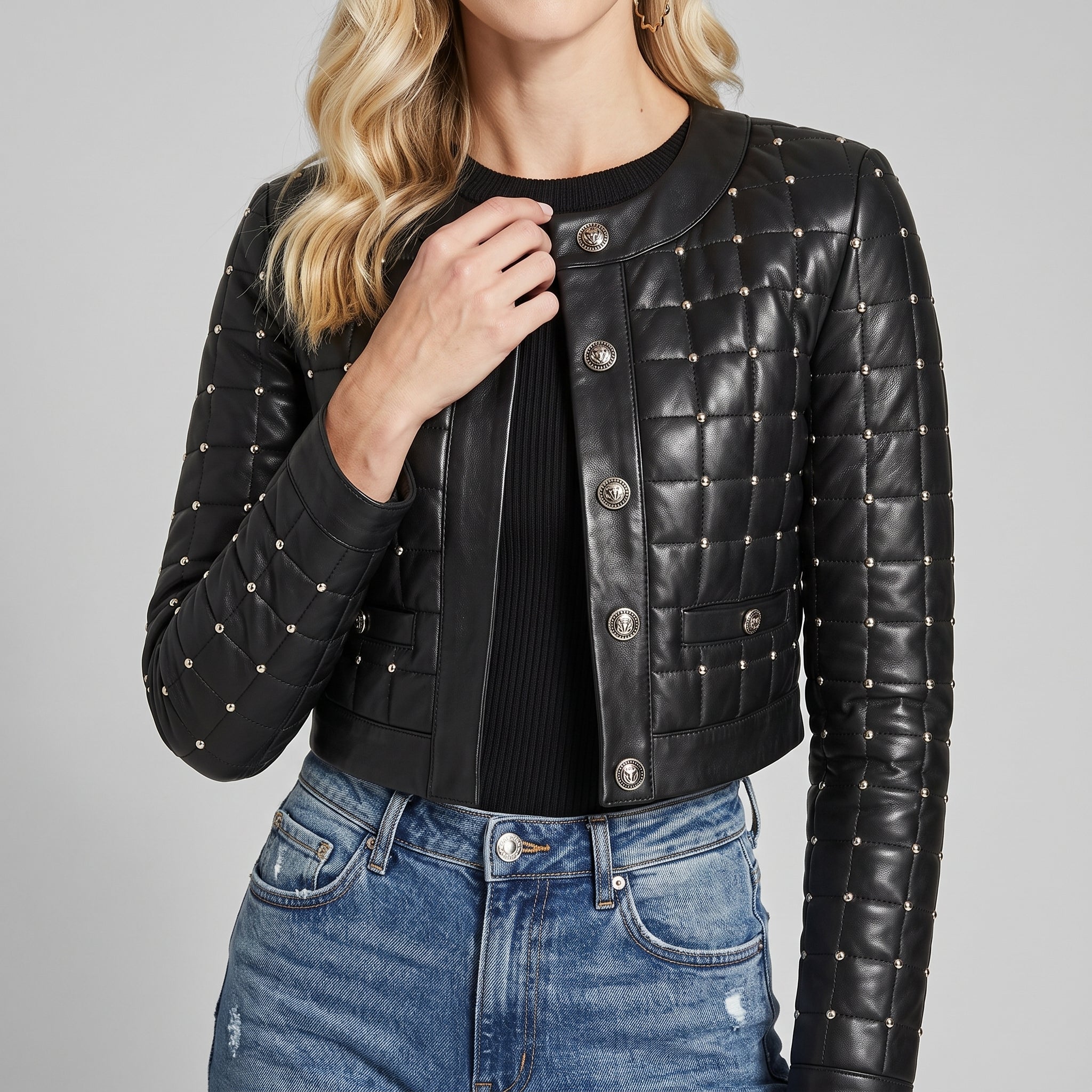 Women's Black Quilted Studded Leather Crop Jacket with Silver Studs