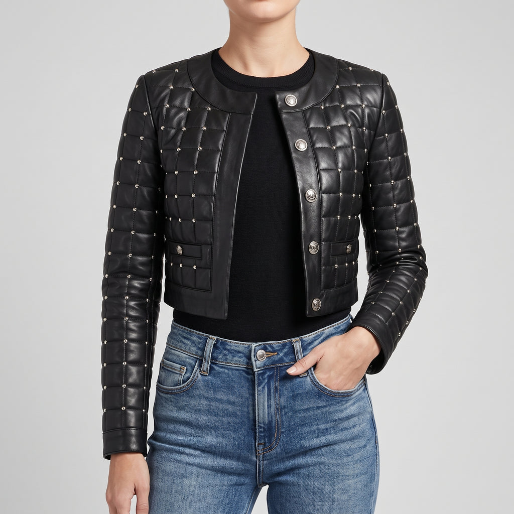 Women's Black Quilted Studded Leather Crop Jacket with Silver Studs