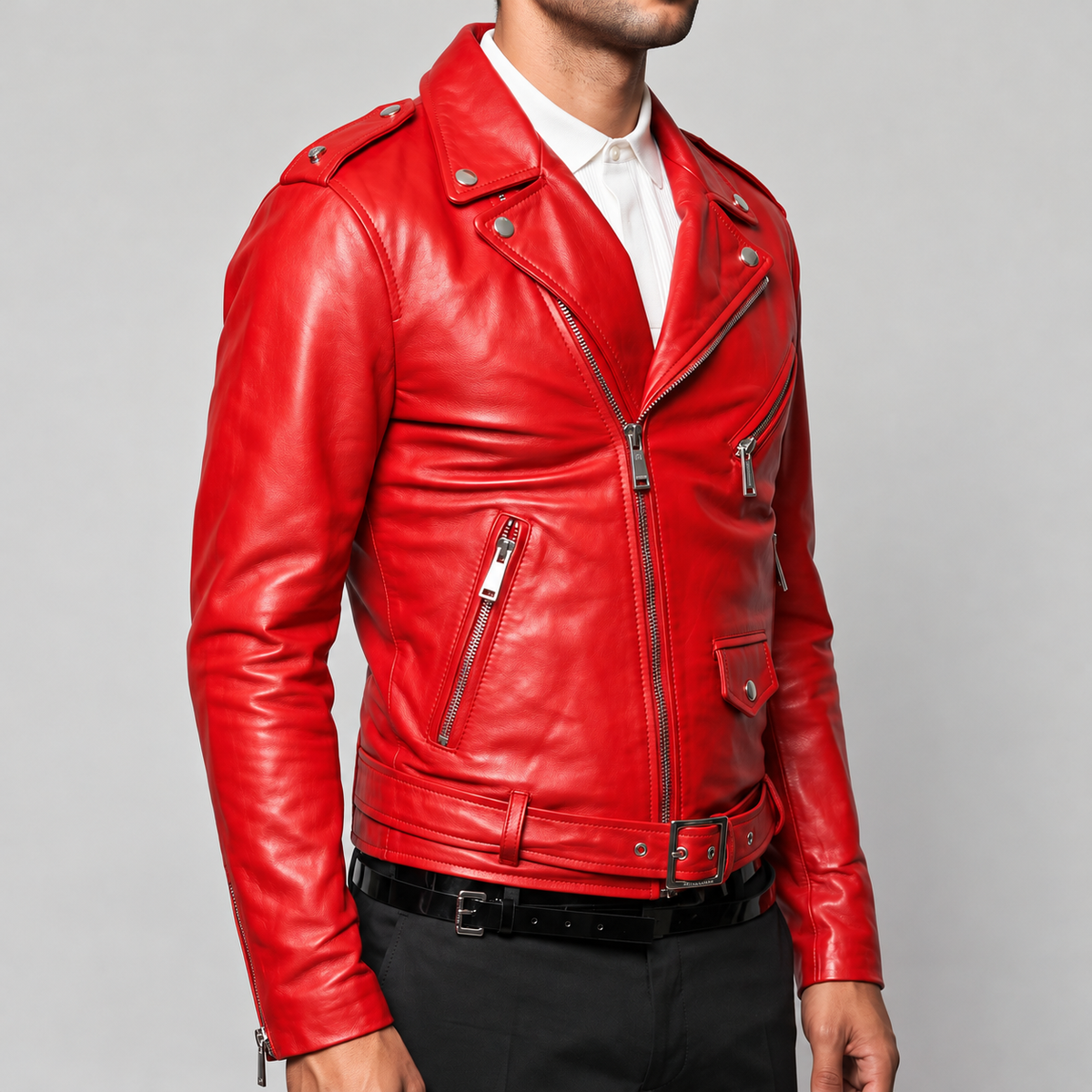 Men's Red Leather Biker Jacket - Genuine Leather Moto Jacket
