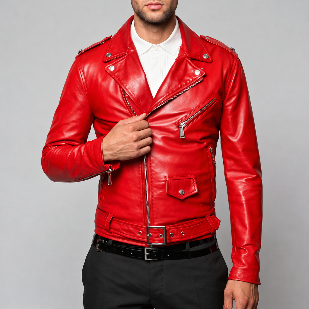 Men's Red Leather Biker Jacket - Genuine Leather Moto Jacket