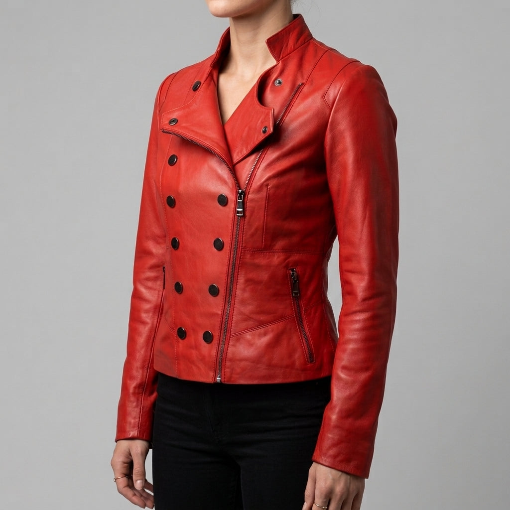 Red Leather Moto Jacket - Women's Asymmetric Zip Biker Jacket