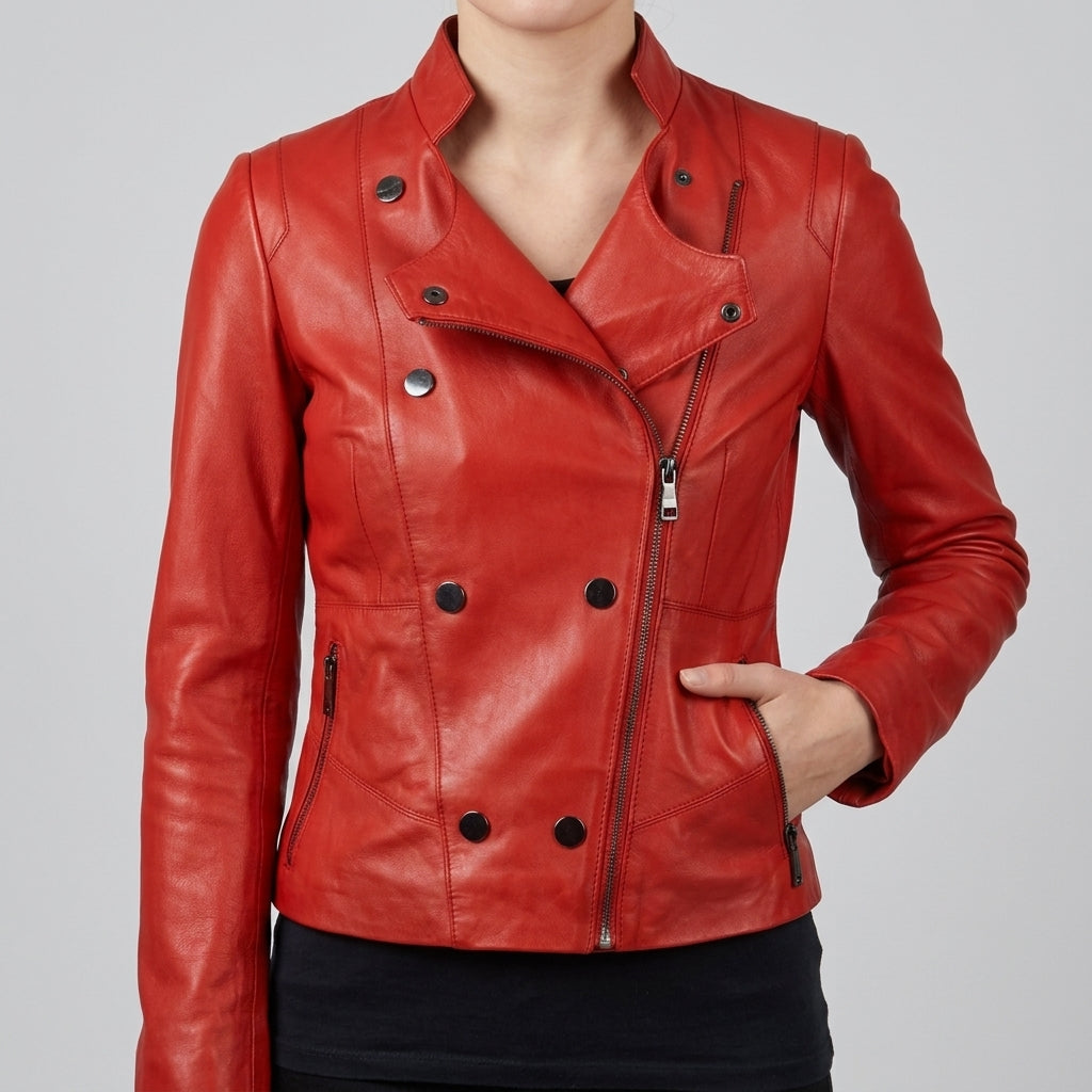 Red Leather Moto Jacket - Women's Asymmetric Zip Biker Jacket
