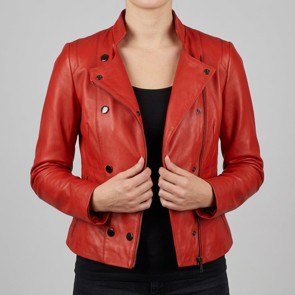 Red Leather Moto Jacket - Women's Asymmetric Zip Biker Jacket