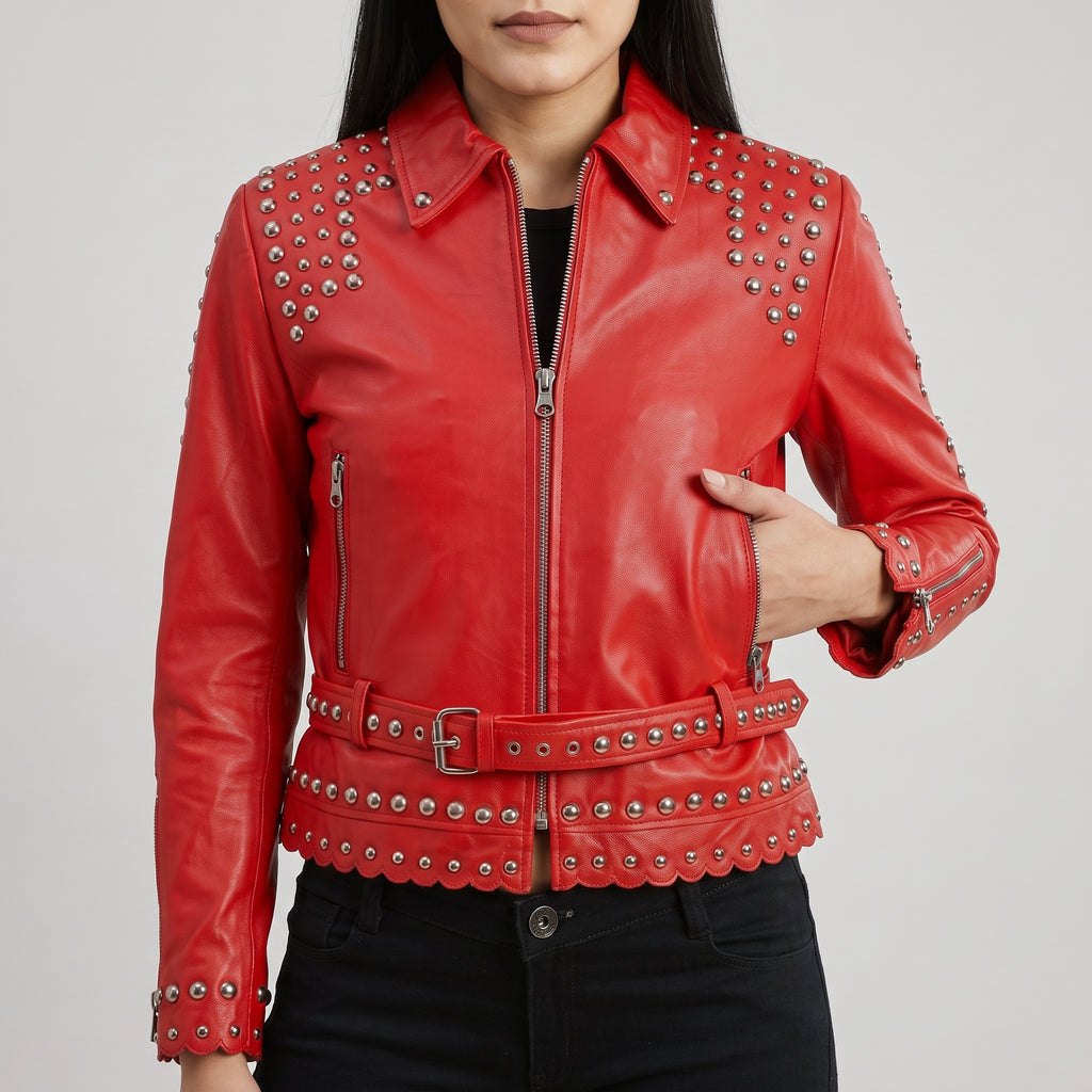 Women's Red Studded Belted Leather Biker Jacket - Genuine Leather Moto Jacket