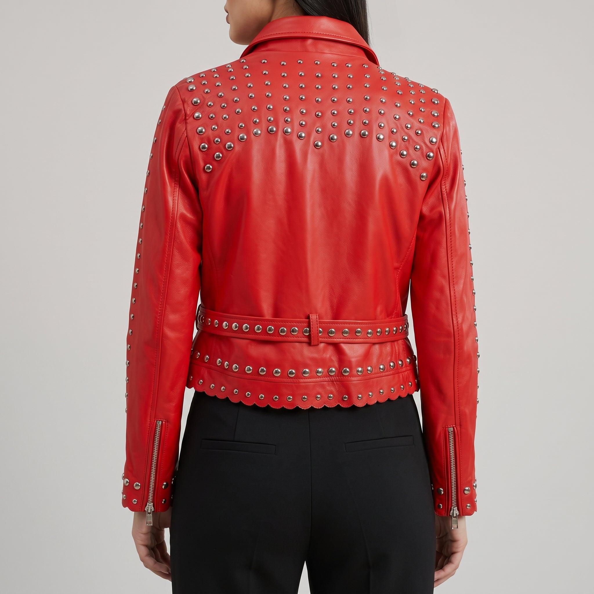 Women's Red Studded Belted Leather Biker Jacket - Genuine Leather Moto Jacket