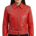 Women's Red Studded Belted Leather Biker Jacket - Genuine Leather Moto Jacket