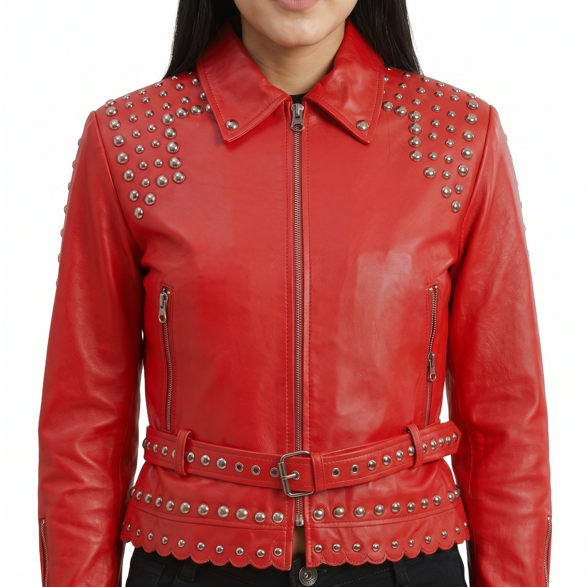 Women's Red Studded Belted Leather Biker Jacket - Genuine Leather Moto Jacket
