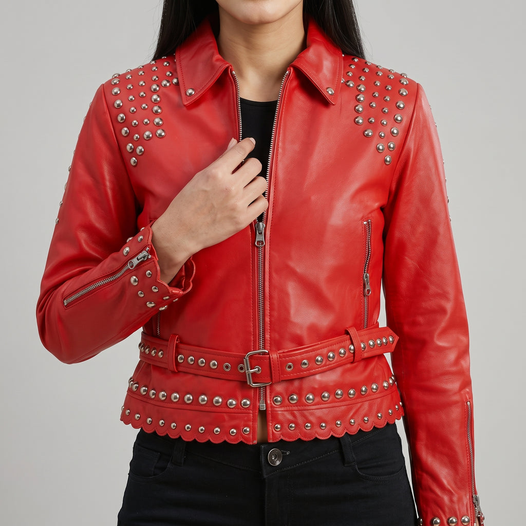 Women's Red Studded Belted Leather Biker Jacket - Genuine Leather Moto Jacket