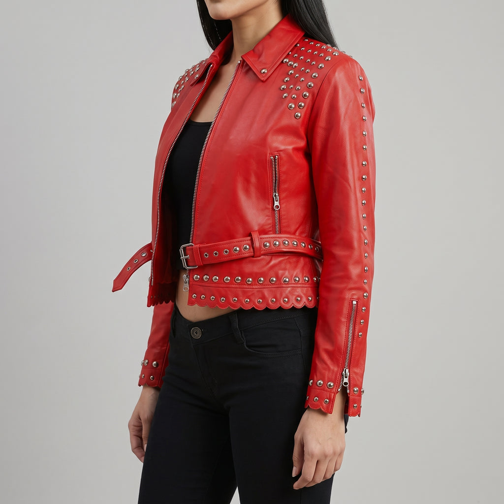 Women's Red Studded Belted Leather Biker Jacket - Genuine Leather Moto Jacket
