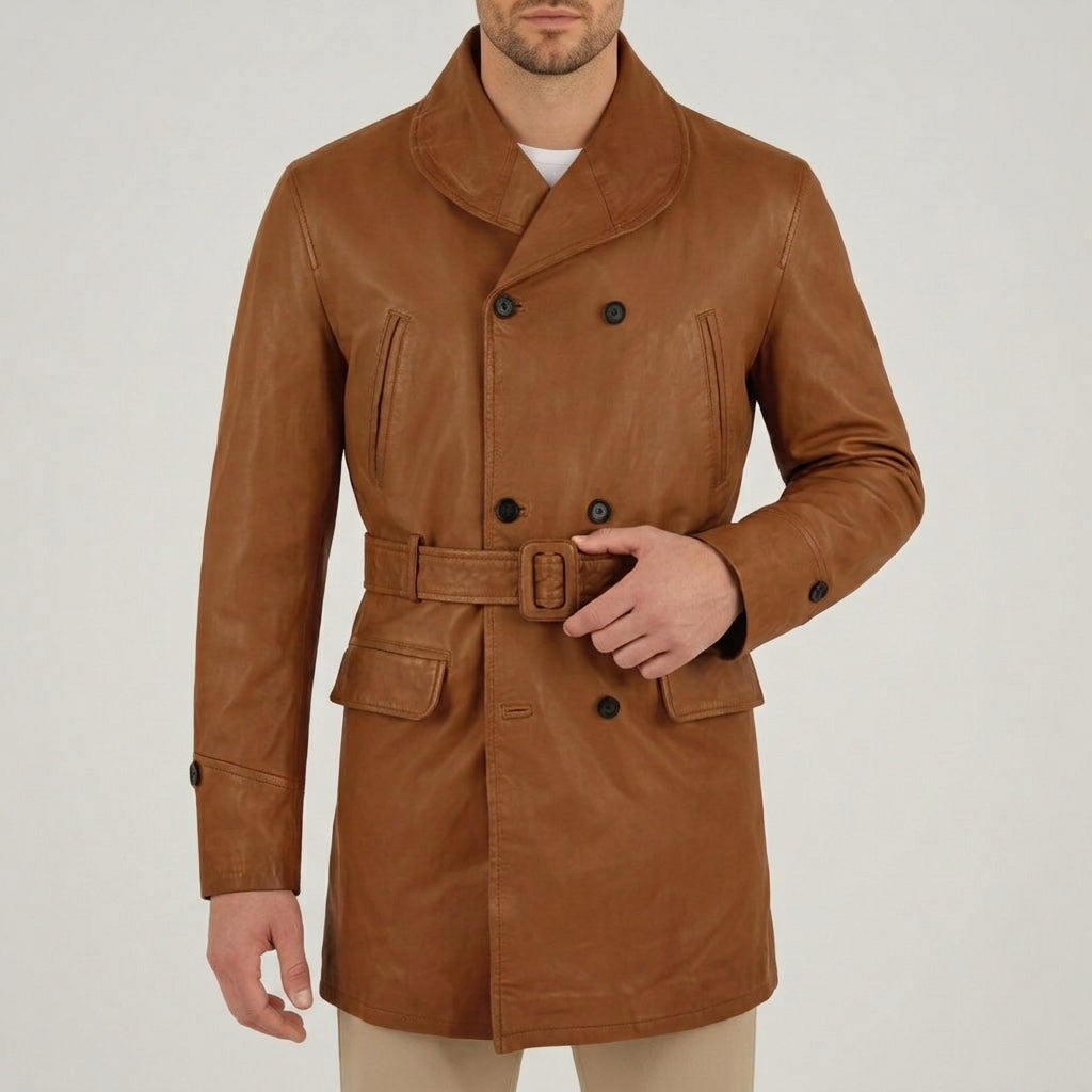 Cognac Leather Double-Breasted Pea Coat - Men's Belted Shawl-Collar Coat