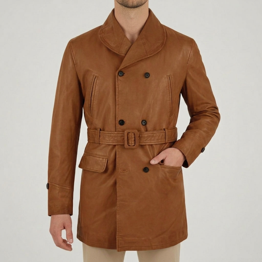 Cognac Leather Double-Breasted Pea Coat - Men's Belted Shawl-Collar Coat