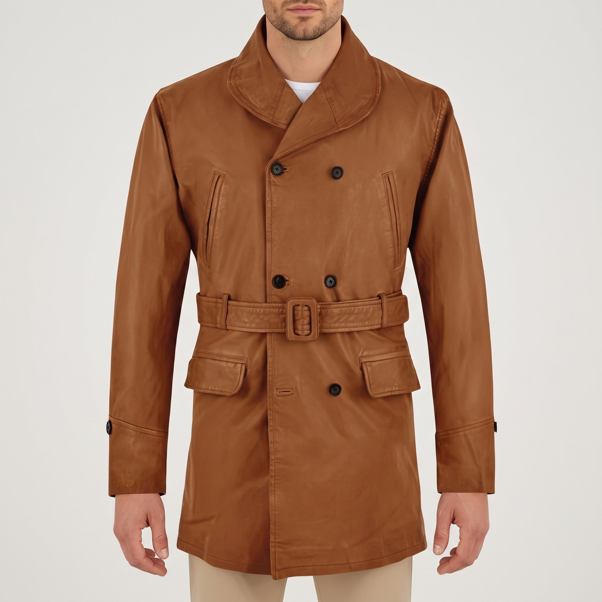 Cognac Leather Double-Breasted Pea Coat - Men's Belted Shawl-Collar Coat