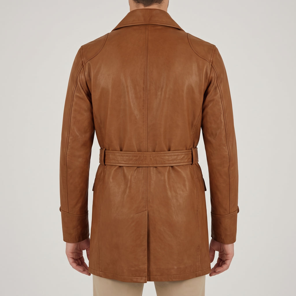 Cognac Leather Double-Breasted Pea Coat - Men's Belted Shawl-Collar Coat