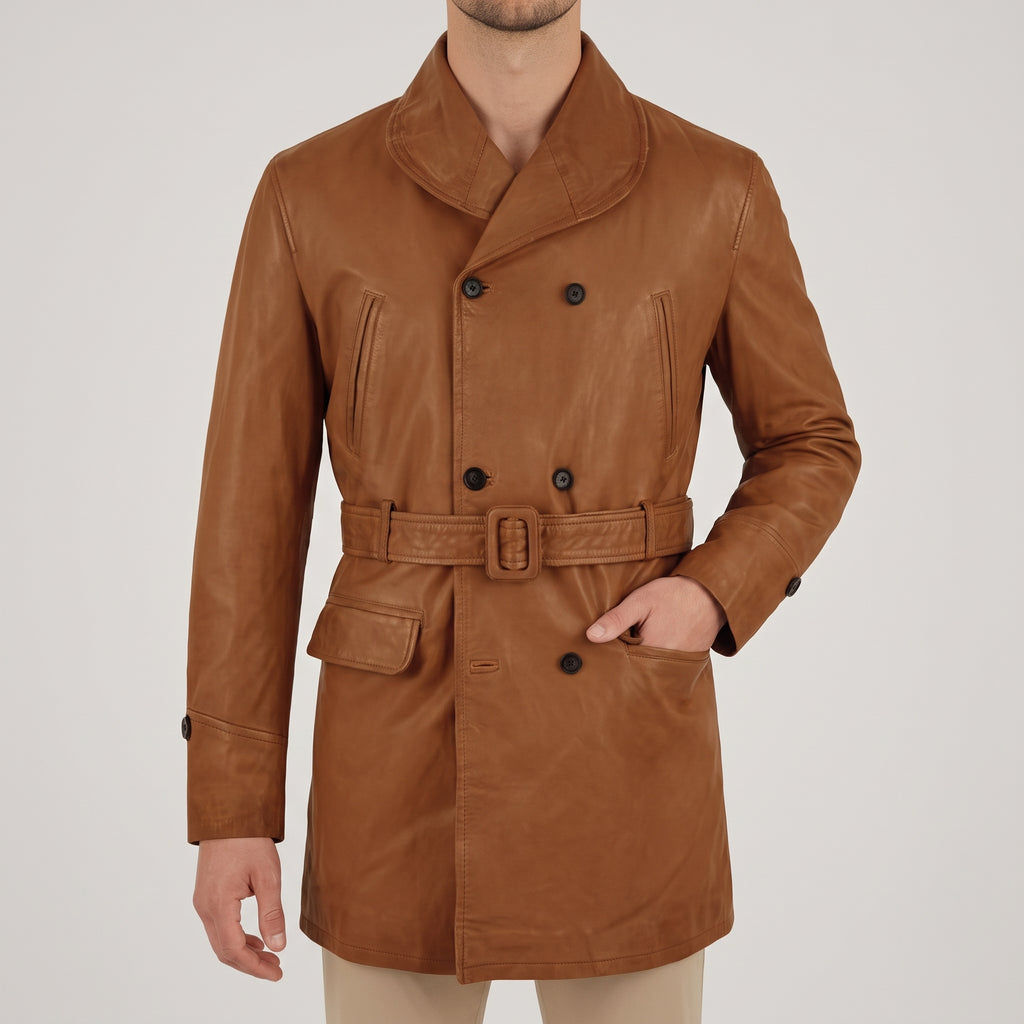 Cognac Leather Double-Breasted Pea Coat - Men's Belted Shawl-Collar Coat