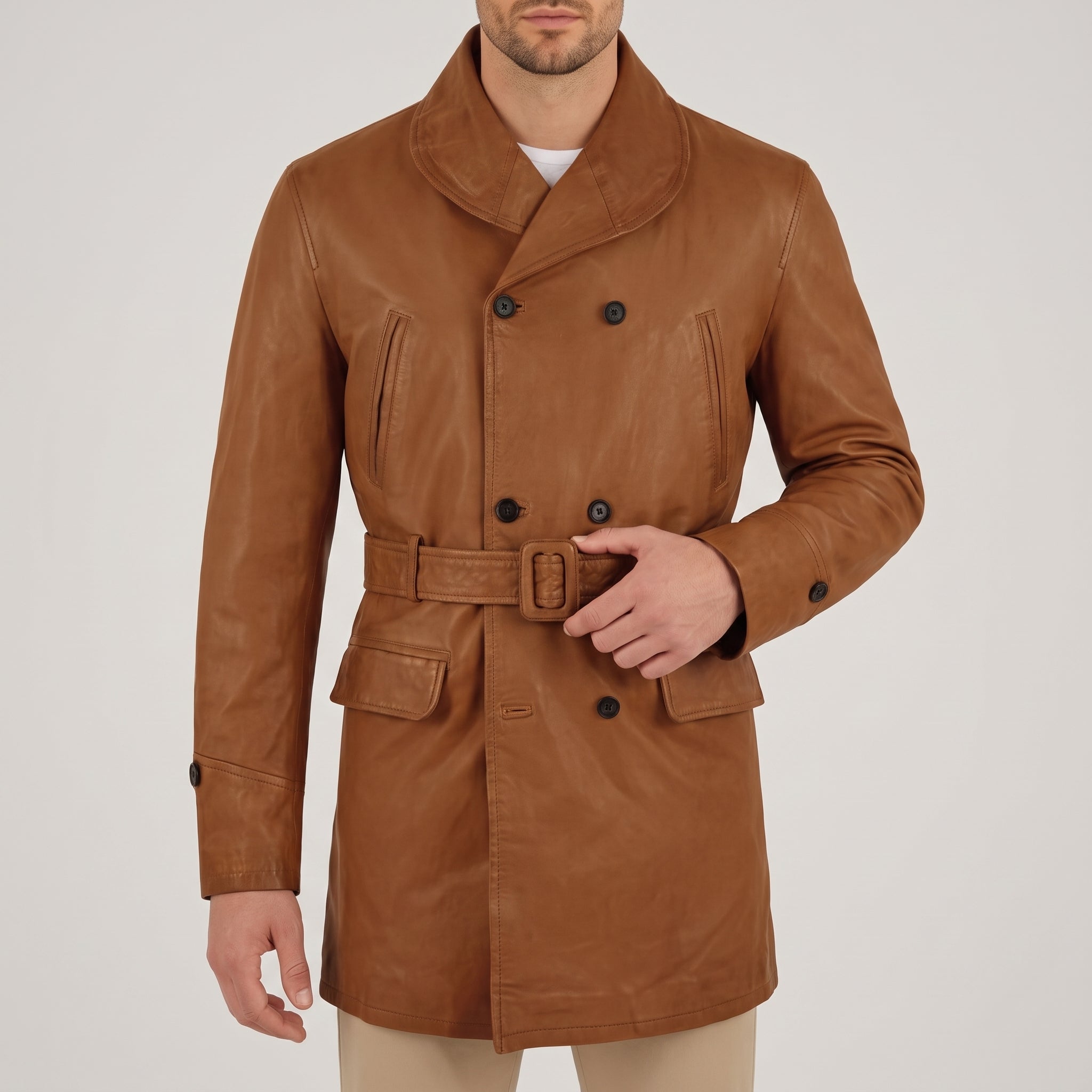 Cognac Leather Double-Breasted Pea Coat - Men's Belted Shawl-Collar Coat
