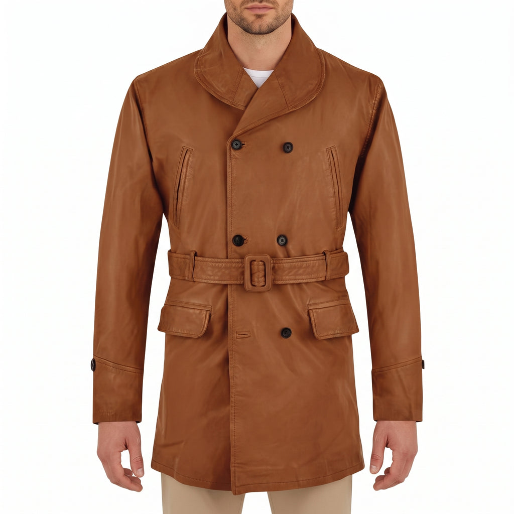 Cognac Leather Double-Breasted Pea Coat - Men's Belted Shawl-Collar Coat