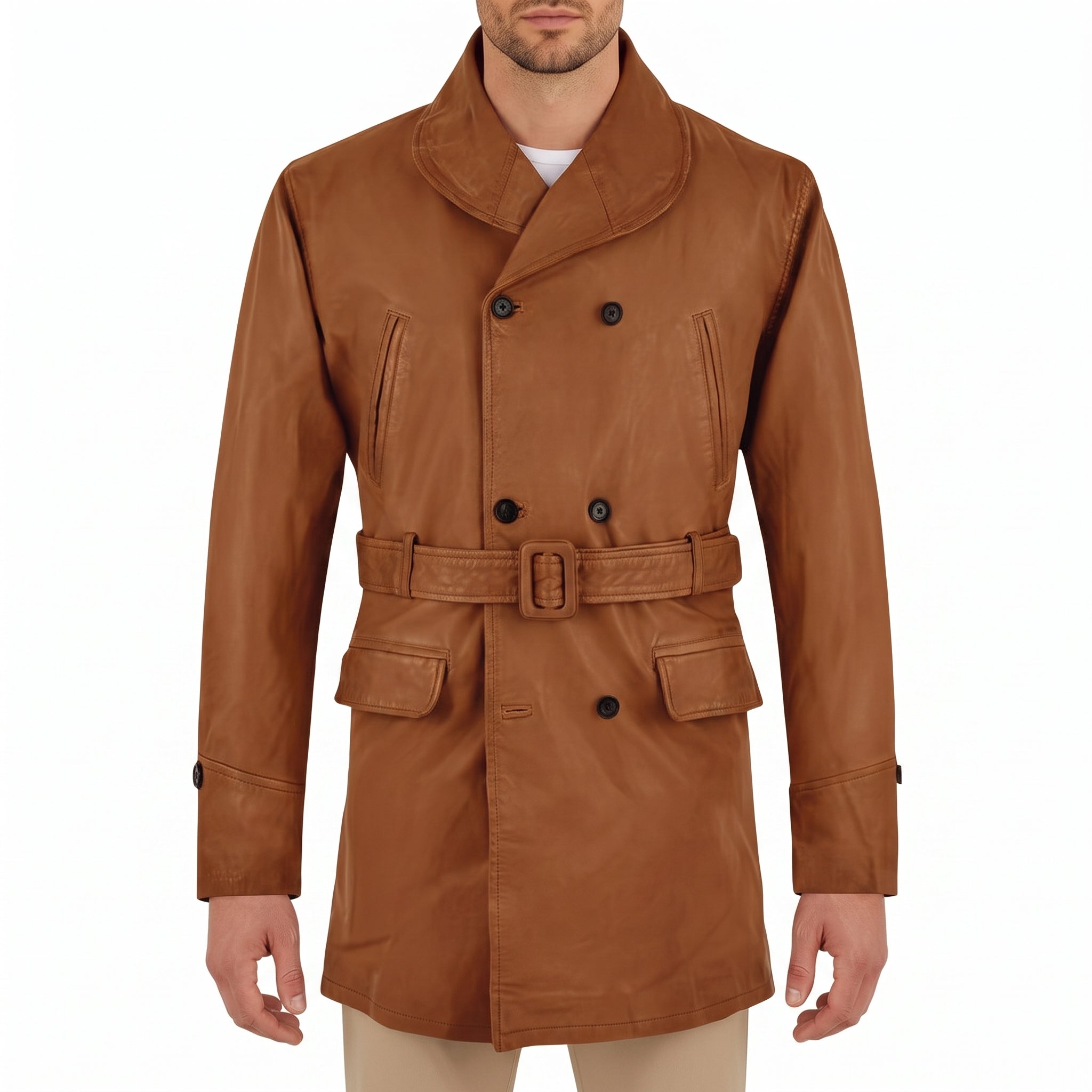 Cognac Leather Double-Breasted Pea Coat - Men's Belted Shawl-Collar Coat