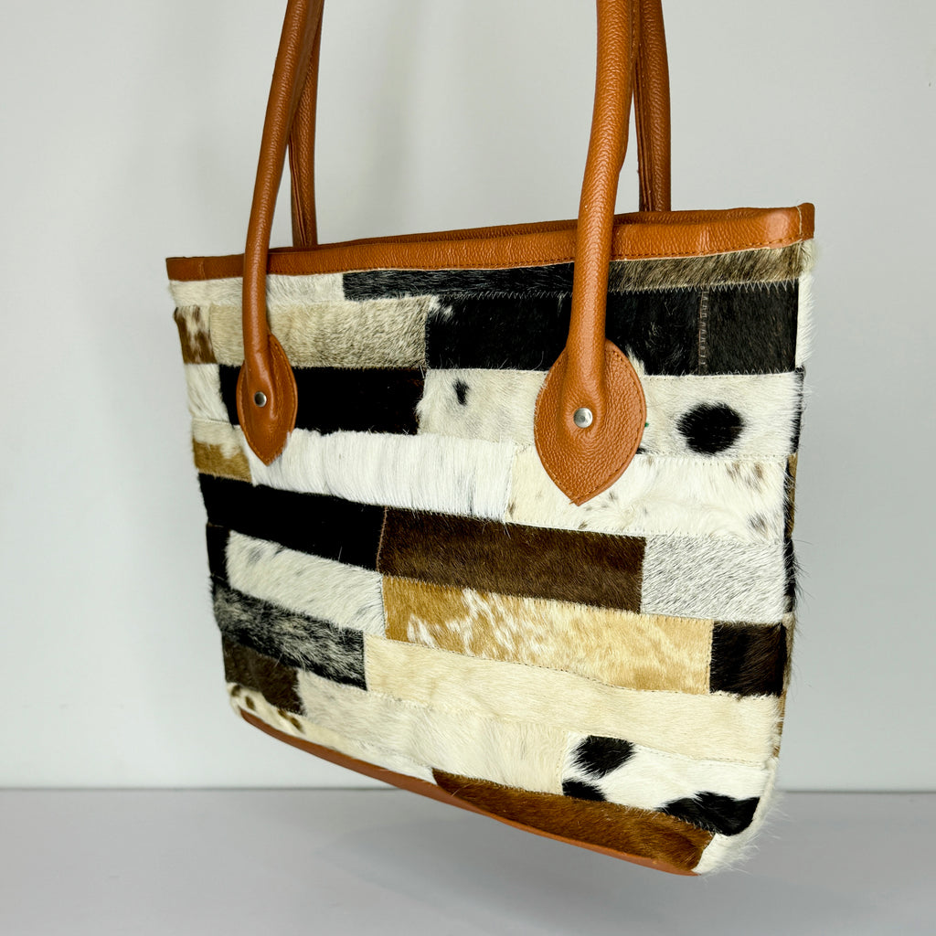 Striped Patchwork Cowhide Leather Tote Bag - Genuine Hair-On-Hide Shoulder Bag