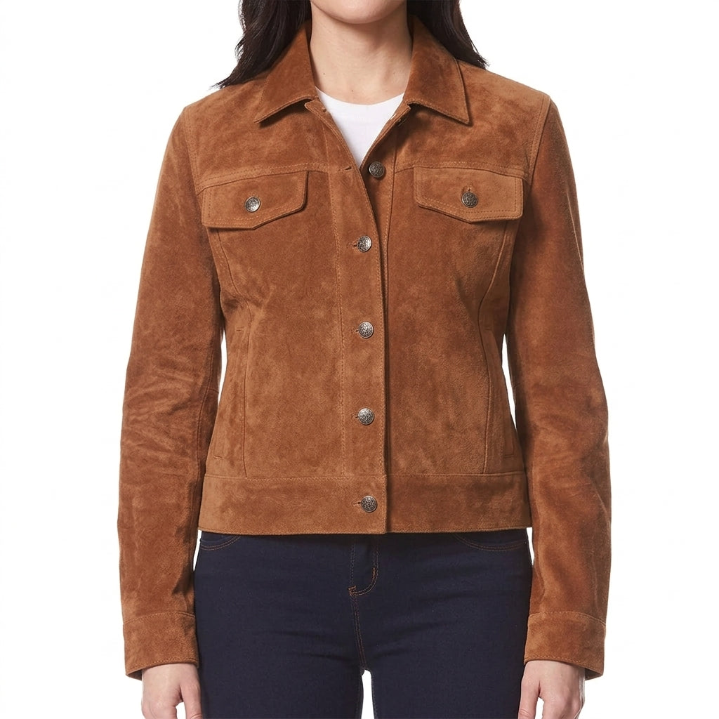 Cognac Suede Trucker Jacket - Women's Classic Snap-Front Leather Jacket