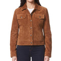 Cognac Suede Trucker Jacket - Women's Classic Snap-Front Leather Jacket