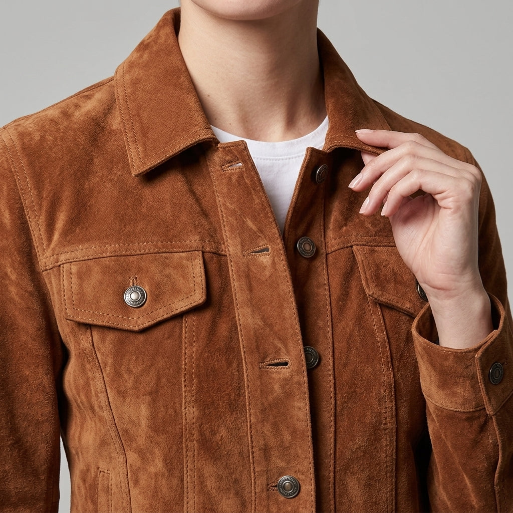Cognac Suede Trucker Jacket - Women's Classic Snap-Front Leather Jacket