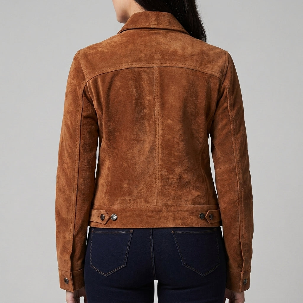 Cognac Suede Trucker Jacket - Women's Classic Snap-Front Leather Jacket