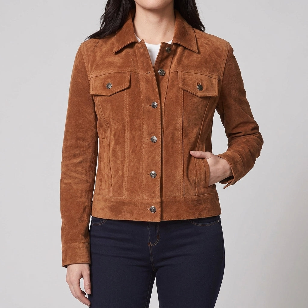 Cognac Suede Trucker Jacket - Women's Classic Snap-Front Leather Jacket