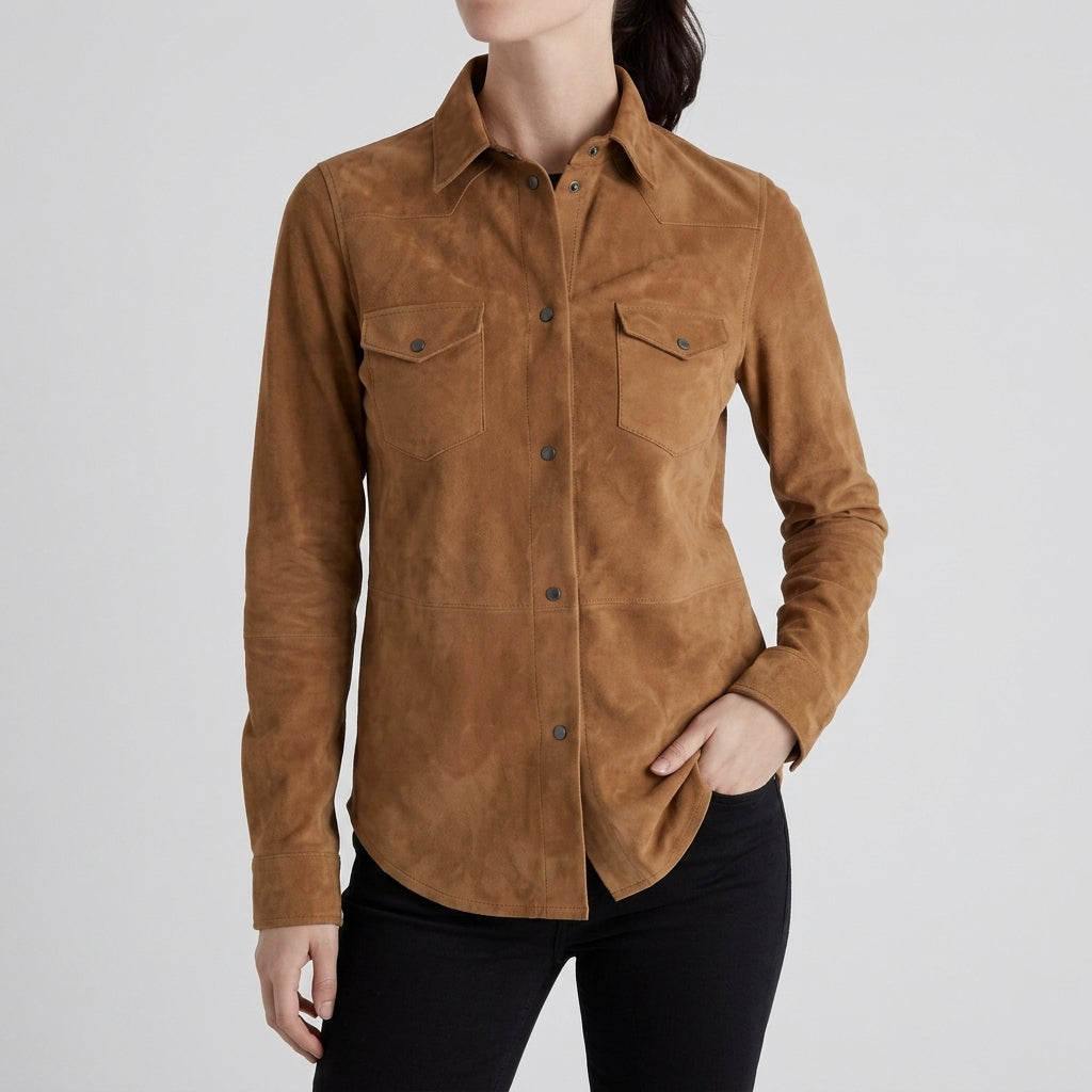 Tan Suede Western Shirt Jacket - Women's Snap-Front Leather Overshirt