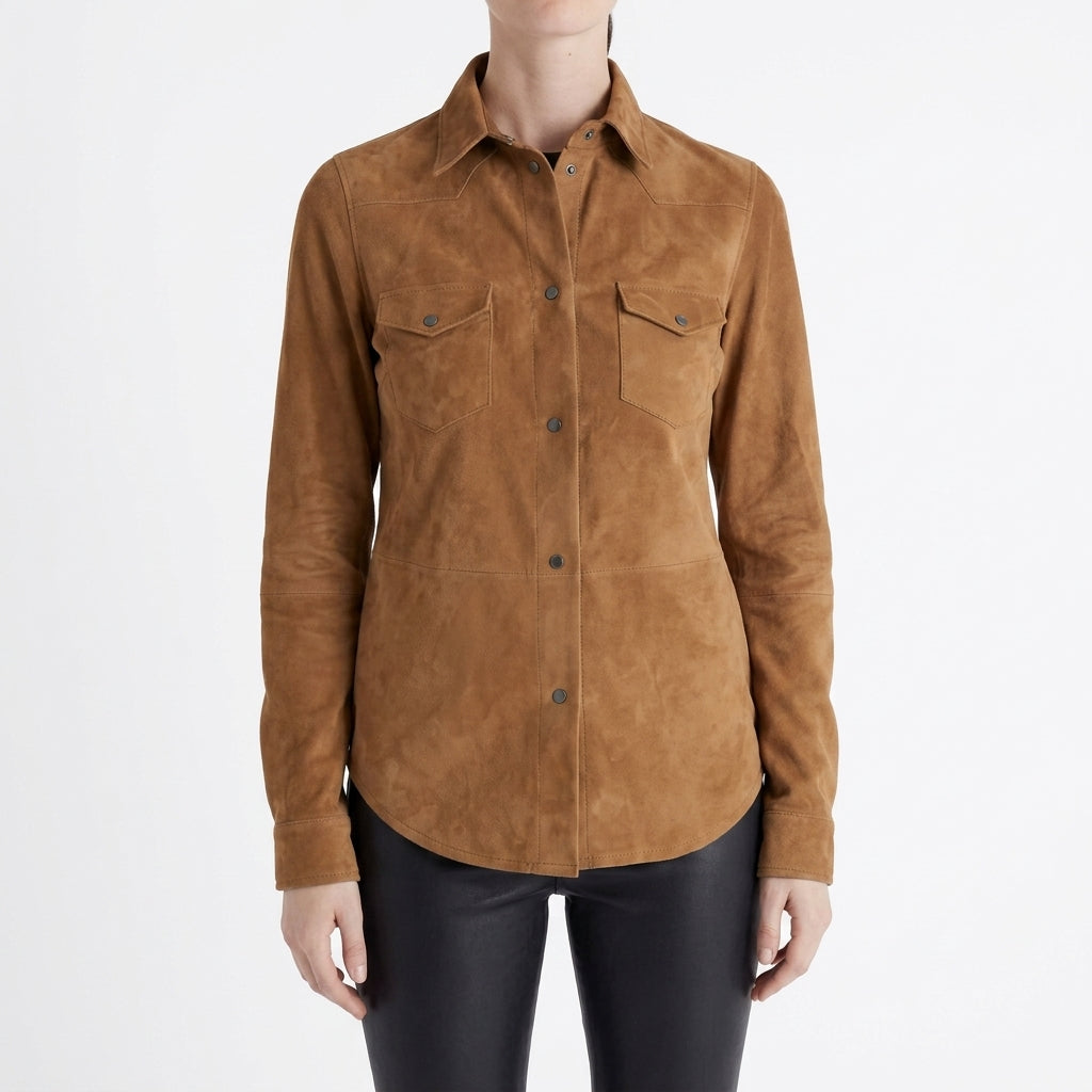 Tan Suede Western Shirt Jacket - Women's Snap-Front Leather Overshirt